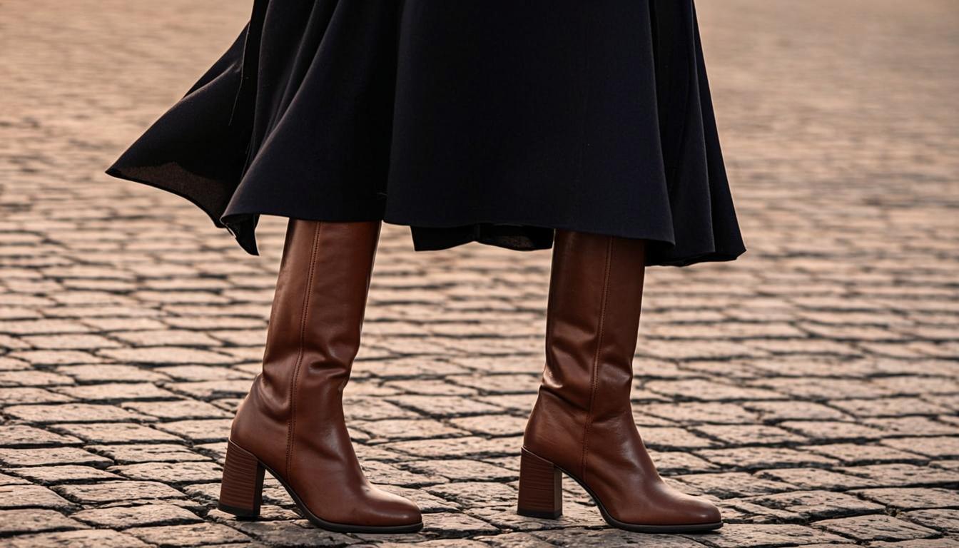 Mulher caminhando com botas de couro caramelo